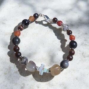 Multistone Mens Abalone Cross Bracelet On Wire With Lobster Claw Clasp